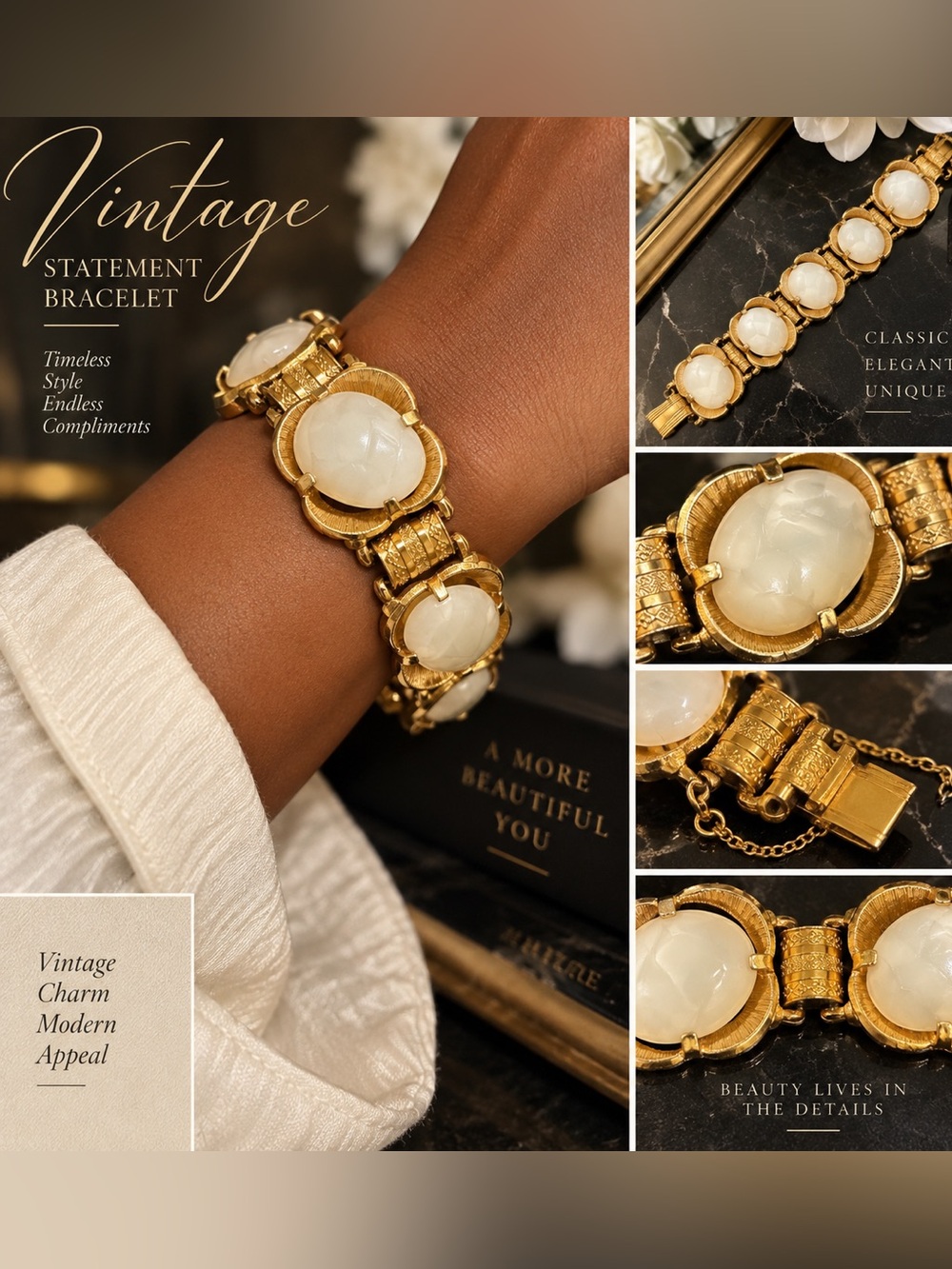 Vintage Gold Tone Milky White Cabochon Statement Bracelet Ornate Chunky 8”